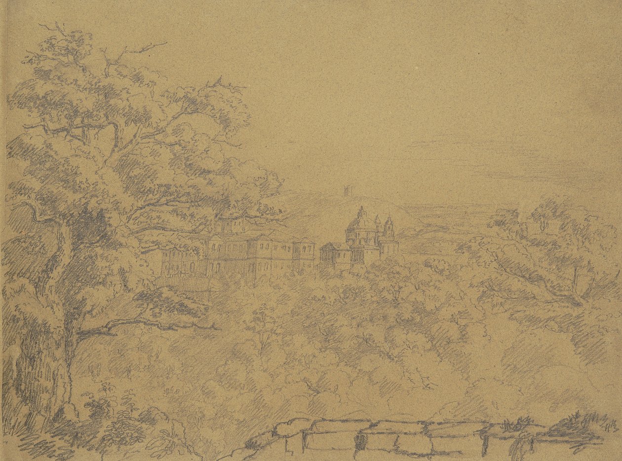 Recto: Ländliche Landschaft mit Kloster von William Brockedon