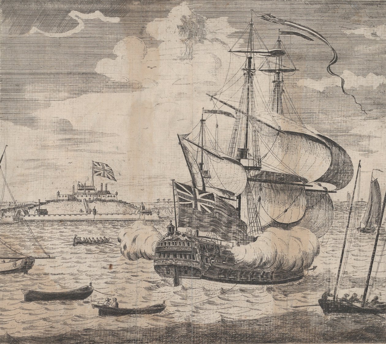 Ein Blick auf Castle William bei Boston in Neuengland, frühes 18. Jahrhundert von William Burgis.