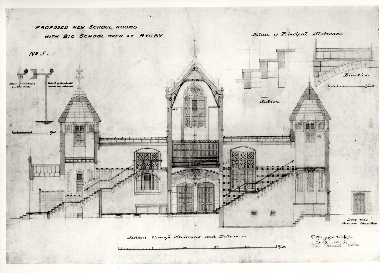 Details der Eingänge, Treppen, Ofenkammer-Tür und Handläufe, (New Big School), Rugby School, 1844 von William Butterfield