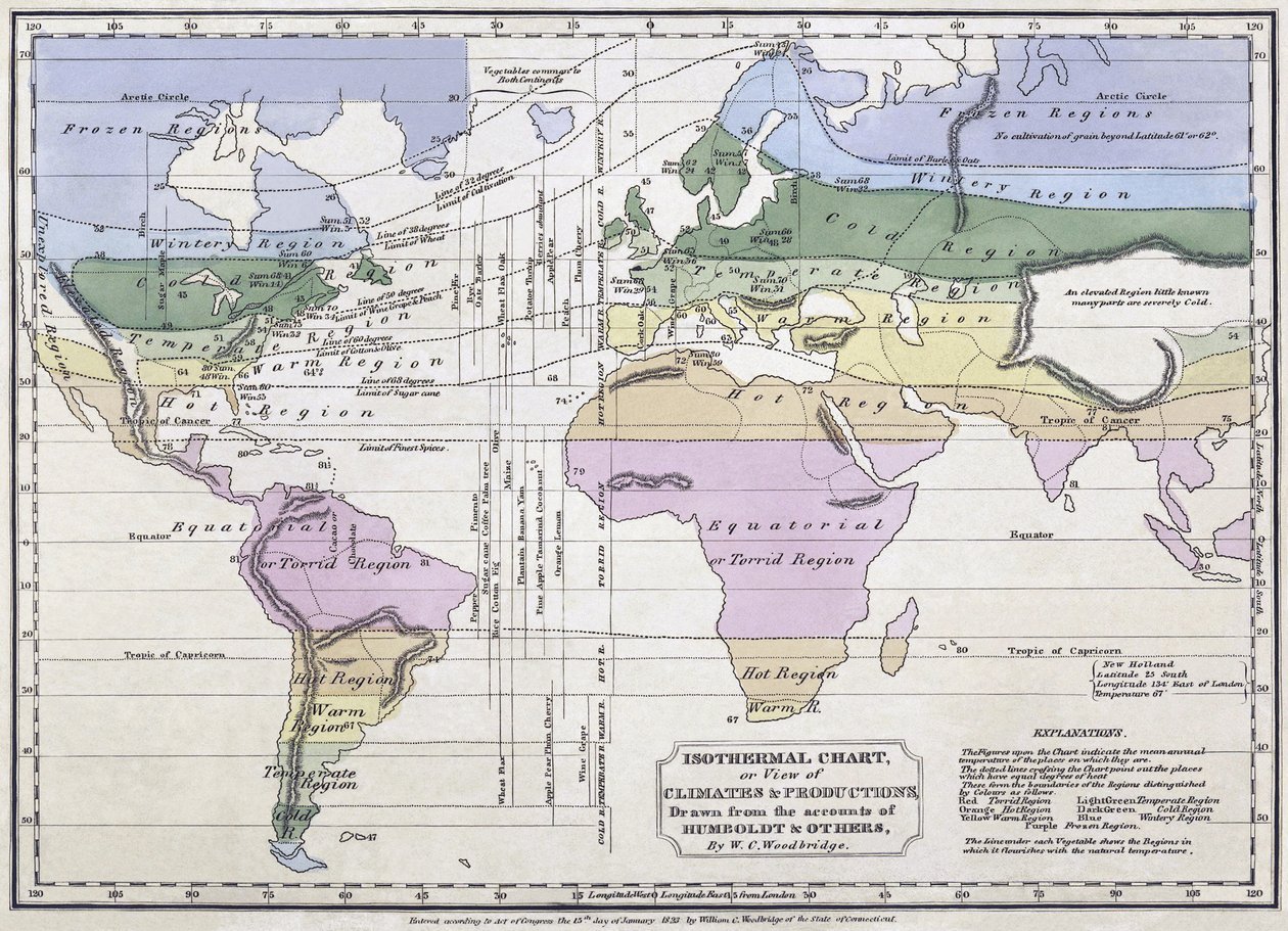Isothermische Karte oder Ansicht der Klimazonen und Produktionen, Illustration aus Berichten von Alexander von Humboldt, 1823 von William C. Woodbridge