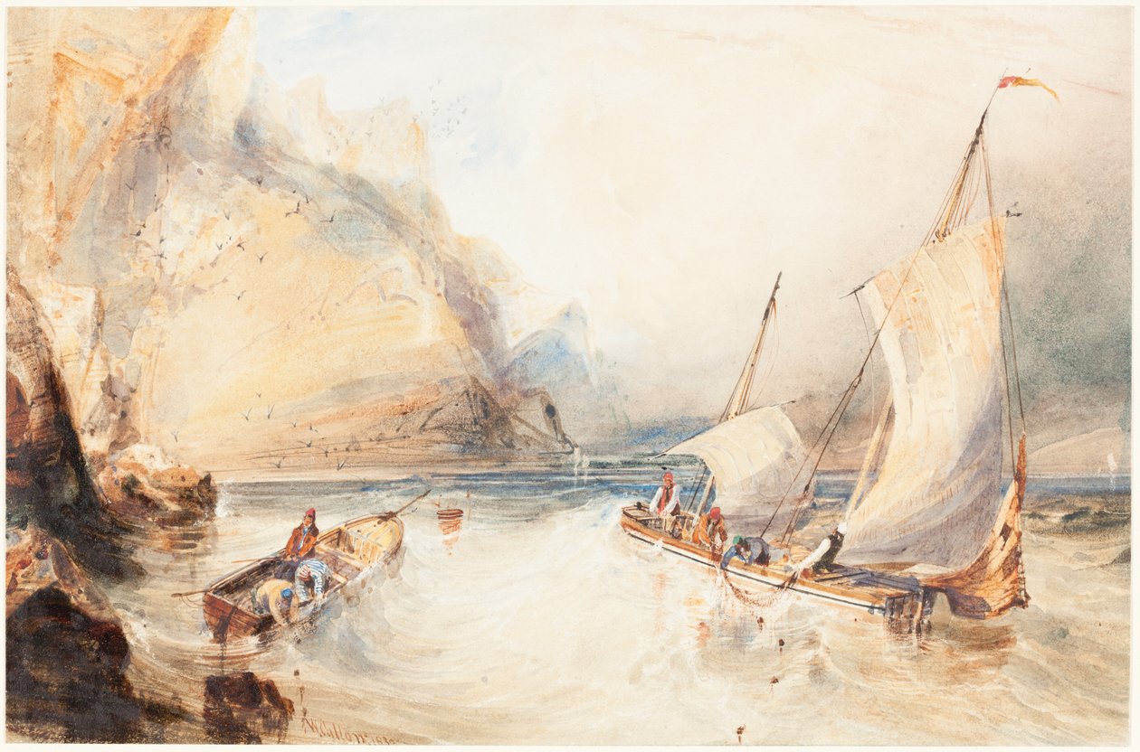 Französische Fischerboote vor einer felsigen Küste von William Callow