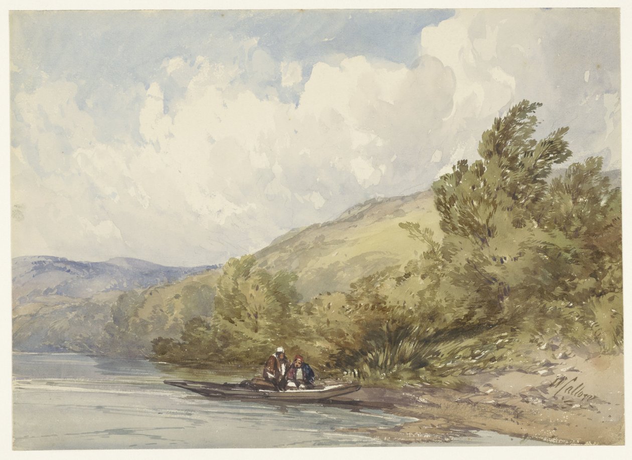Hügellandschaft mit einem See und einem Boot mit zwei Figuren von William Callow