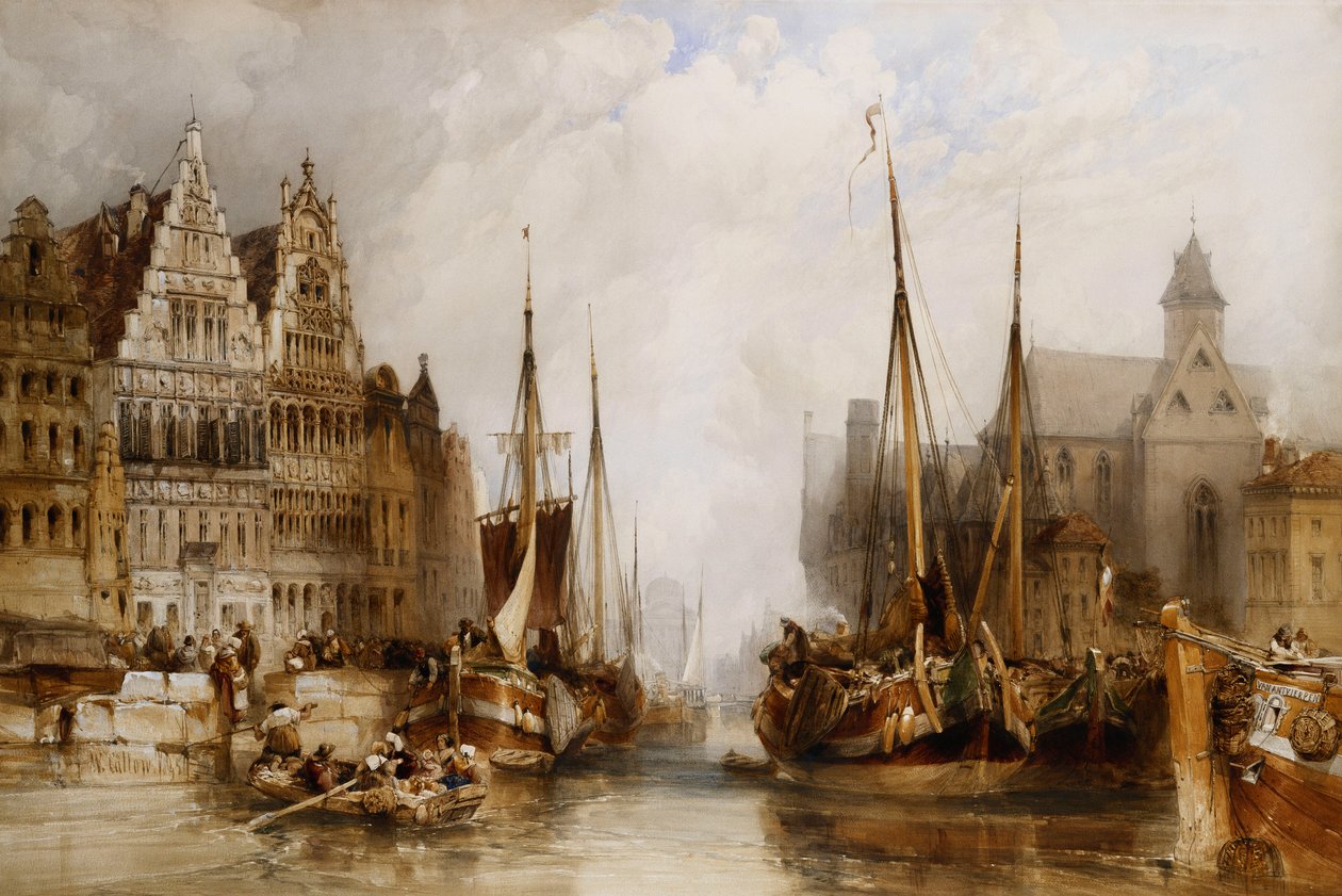 Häuser der Franc Bateliers und Kirche St. Nikolaus am Kanal in Gent, 1845 von William Callow