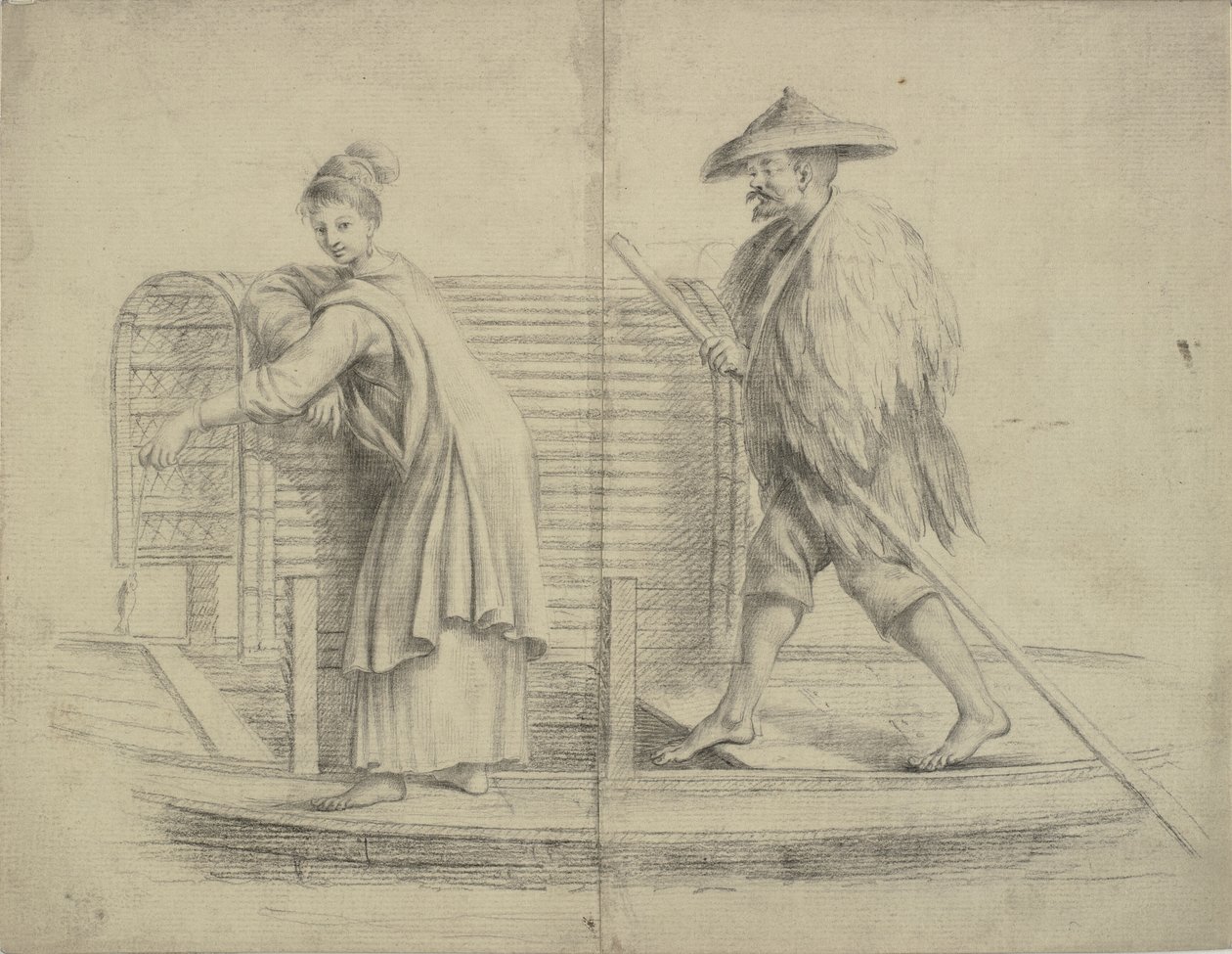 Chinesische Szene. Mann und Frau auf einem Flussboot von William Chambers