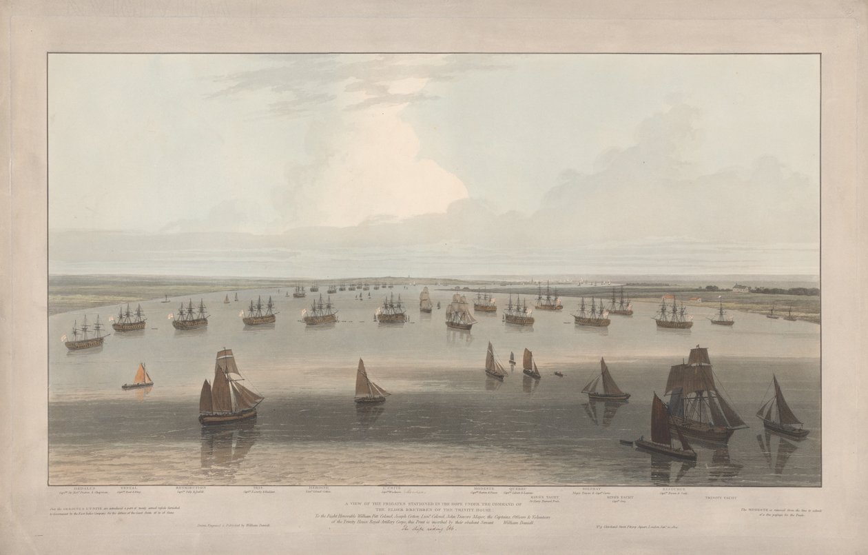 Ansicht der Fregatten, die in der Hope unter dem Kommando der Älteren Brüder des Trinity House, Thames Estuary, stationiert sind von William Daniell
