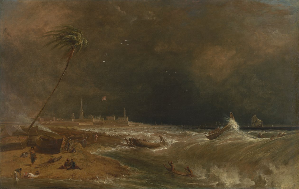 Madras oder Fort St. George in der Bucht von Bengalen – Ein vorbeiziehender Sturm [1833, Royal Academy of Arts, London, Ausstellungskatalog] von William Daniell
