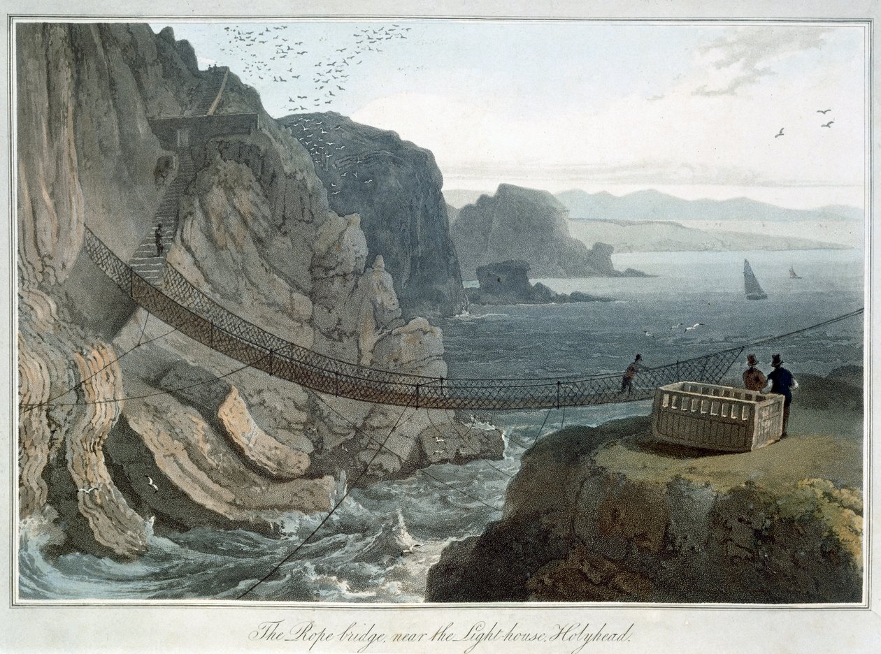 Die Hängebrücke in der Nähe des Leuchtturms, Holyhead, Anglesey, Wales, 1829 von William Daniell