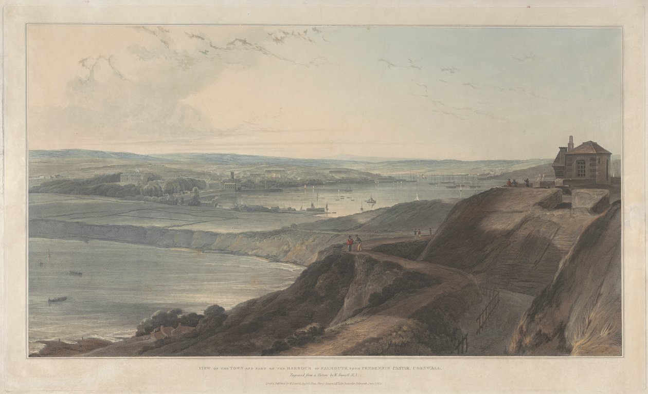 Blick auf die Stadt und einen Teil des Hafens von Falmouth vom Pendennis Castle, Cornwall von William Daniell