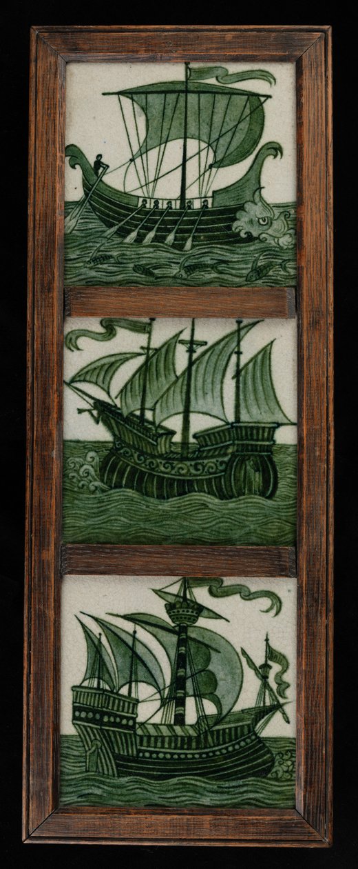 Fliesenpaneel von Schiffen in voller Fahrt, im Rahmen, ca. 1865-80 von William de Morgan