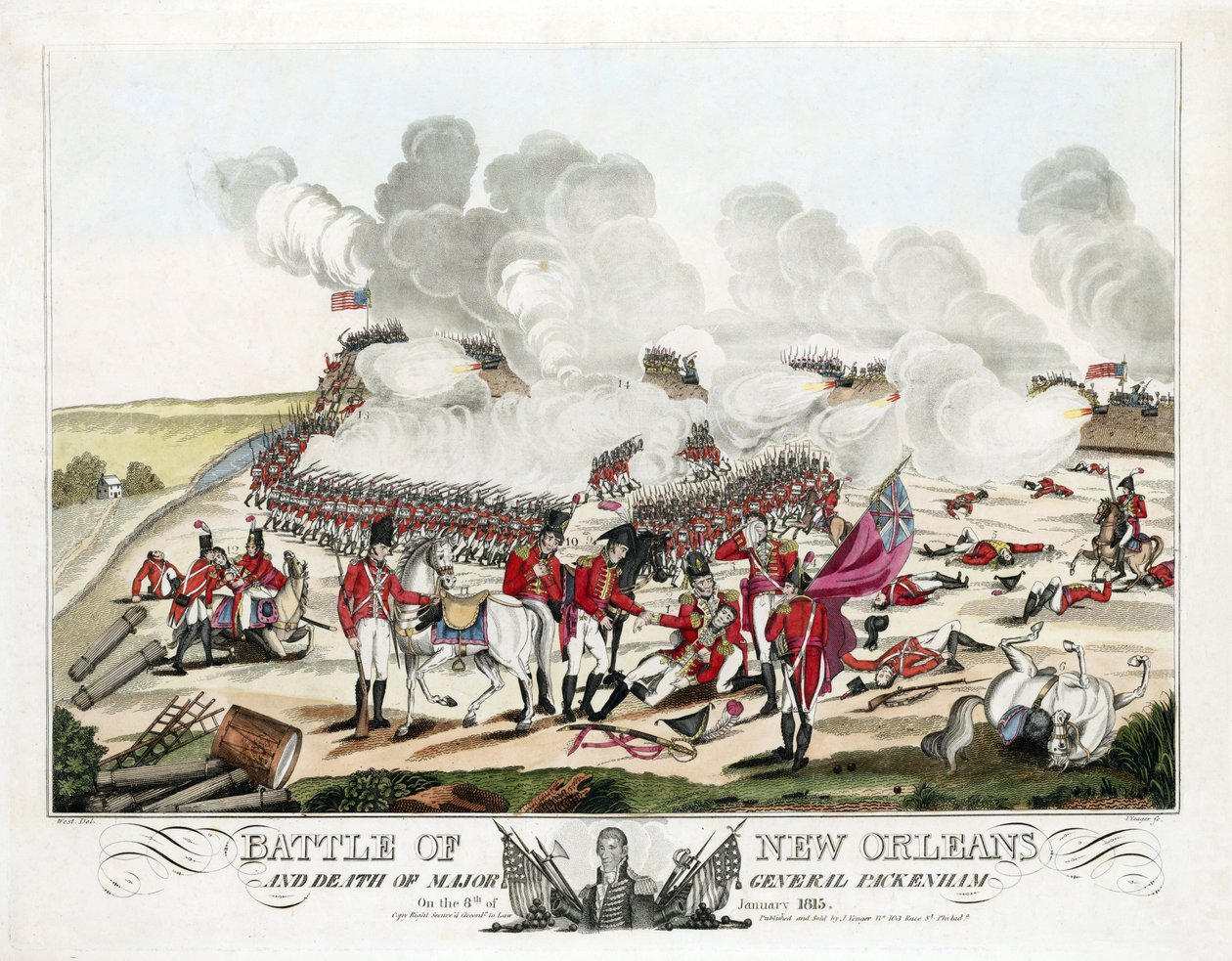 Schlacht von New Orleans und Tod von Generalmajor Packenham am 8. Januar 1815, veröffentlicht 1815 (kolorierte Gravur) von William Edward (after) West