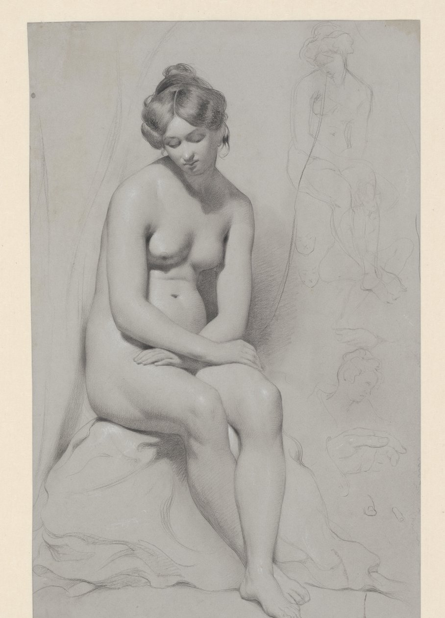 Sitzendes nacktes weibliches Modell mit hoher Frisur, daneben nochmals skizziert von William Etty