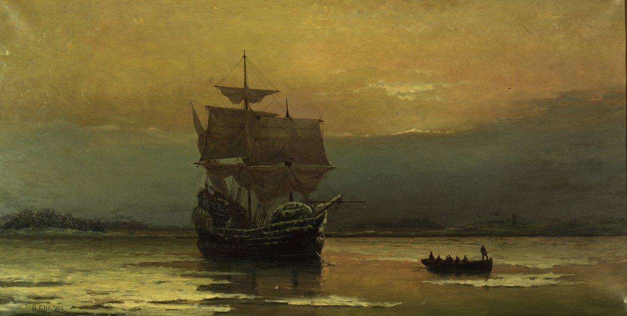 Die Mayflower bei ihrer Ankunft im Hafen von Plymouth, 1882 von William Formby Halsall
