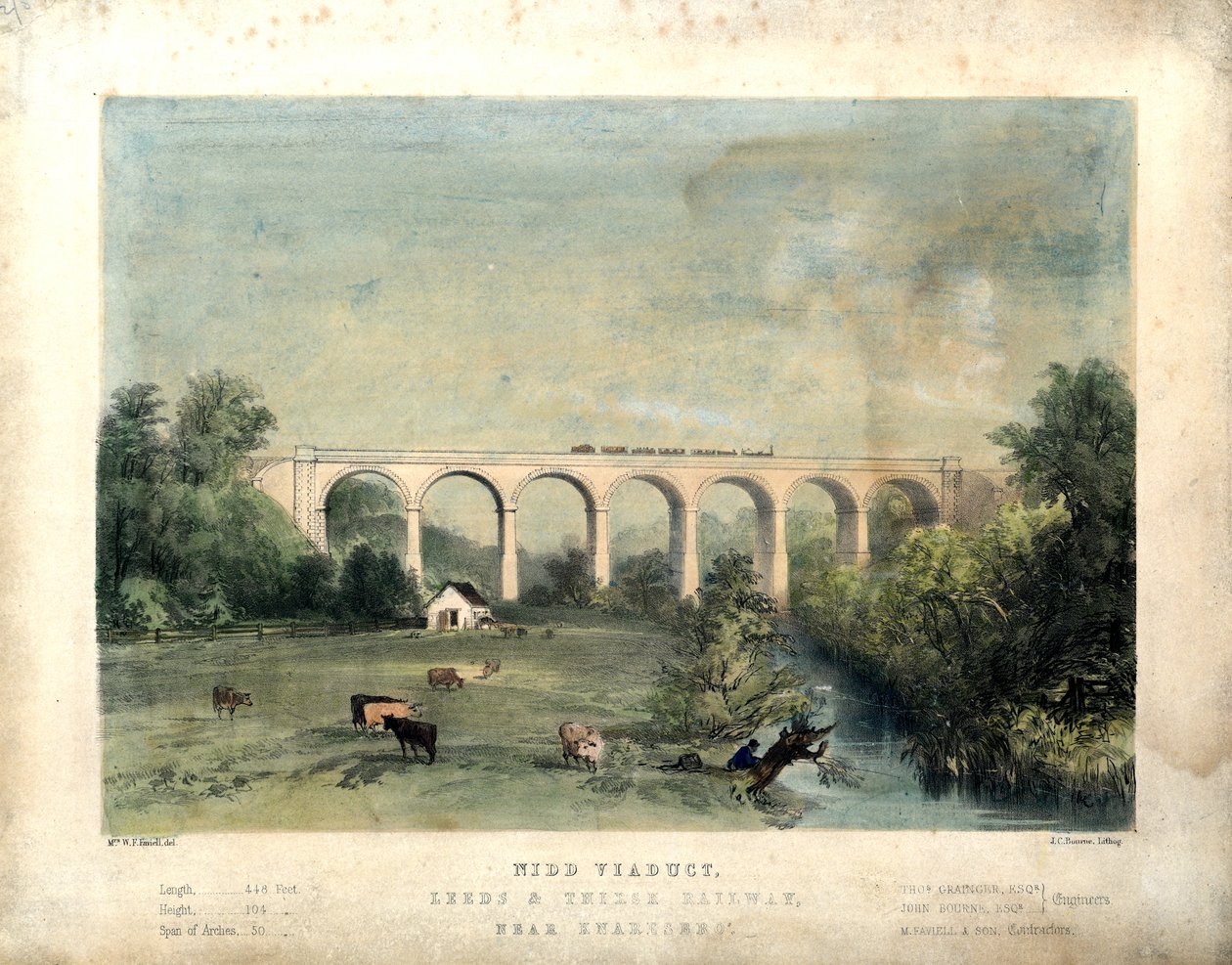 Nidd-Viadukt, Leeds und Thirsk Railway, nahe Knaresborough, ca. 1850 (farbige Lithographie auf Papier) von William Frederick Faviell