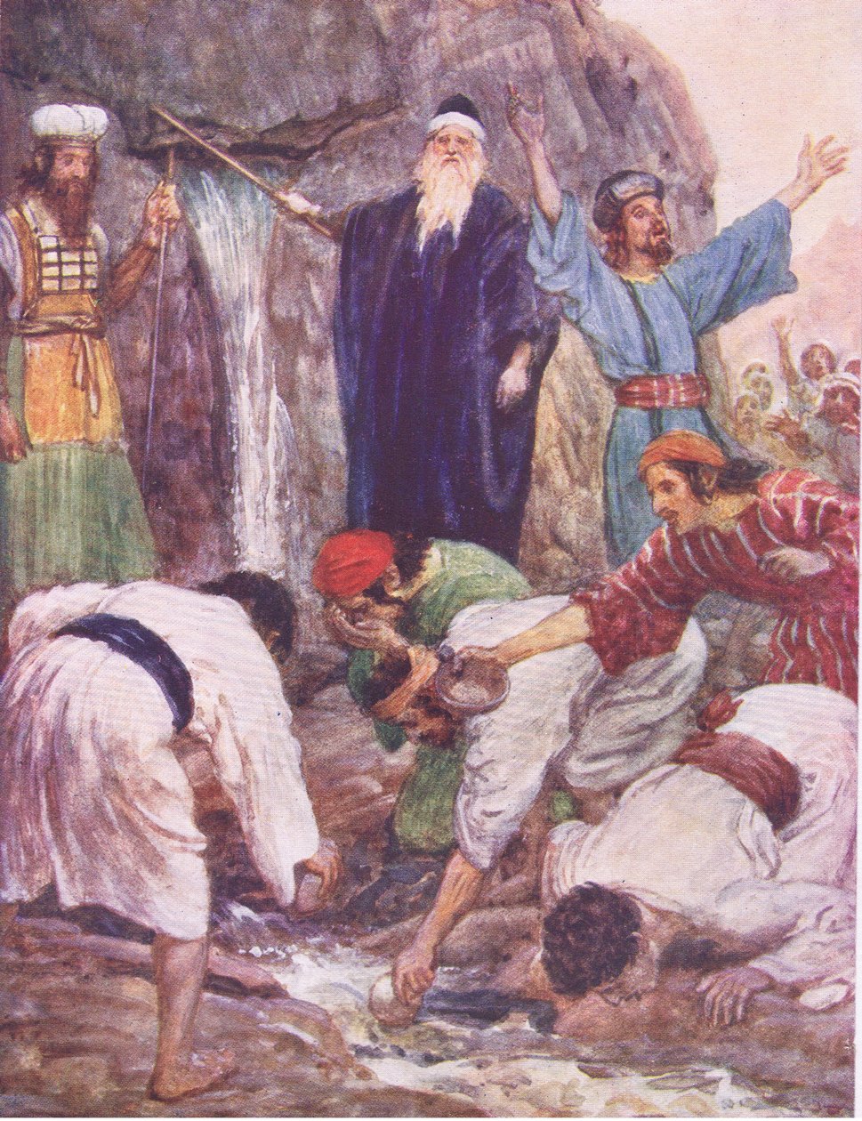 Moses schlägt den Felsen, aus Die Bibelgeschichte, veröffentlicht von Hodder & Stoughton, ca. 1930 von William Hatherell