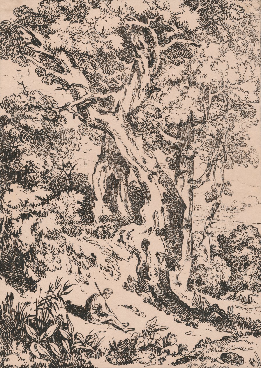 Studie von Bäumen und Sträuchern mit sitzender männlicher Figur von William Havell