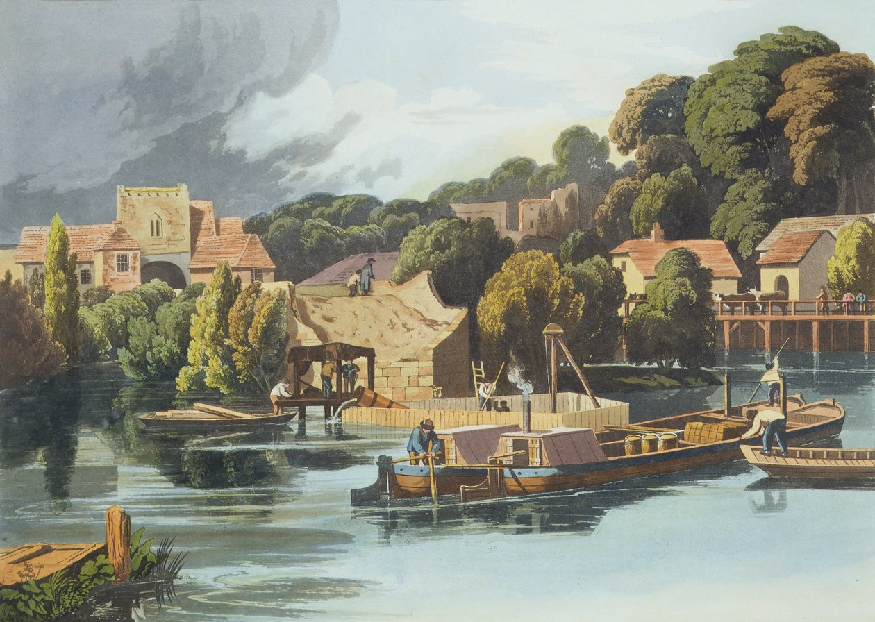 Wallingford Castle im Jahr 1810 während der Brückenreparaturen, graviert von Robert Havell dem Jüngeren, veröffentlicht 1818 von William Havell