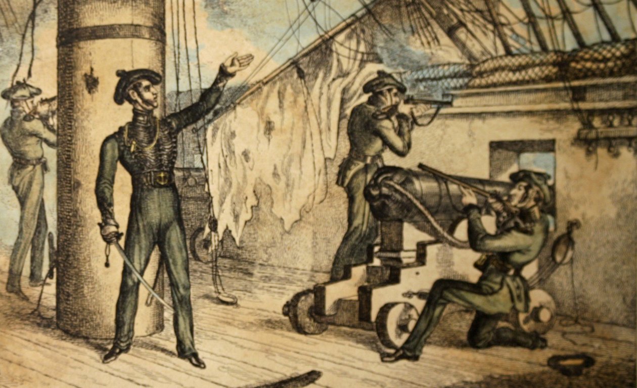Marineinfanteristen in Aktion an Bord eines unbekannten Kriegsschiffs, ca. 1835 von William Heath