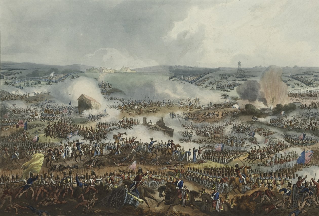 Die Schlacht von Waterloo am 18. Juni 1815, Aquatinta von Thomas Sutherland, veröffentlicht in James Jenkins