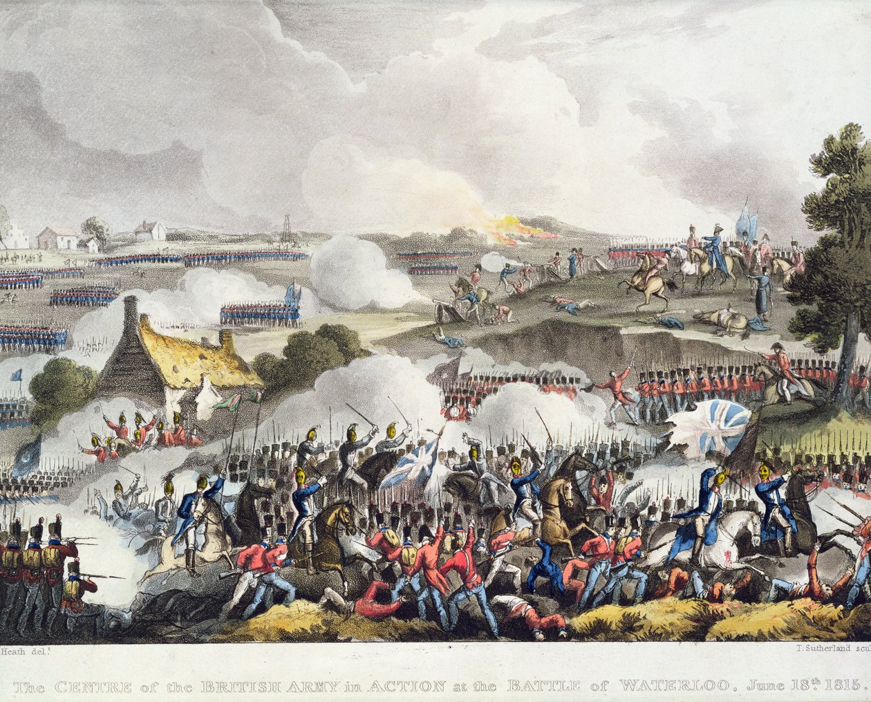 Das Zentrum der britischen Armee in Aktion in der Schlacht von Waterloo, 18. Juni 1815, graviert von Sutherland von William Heath