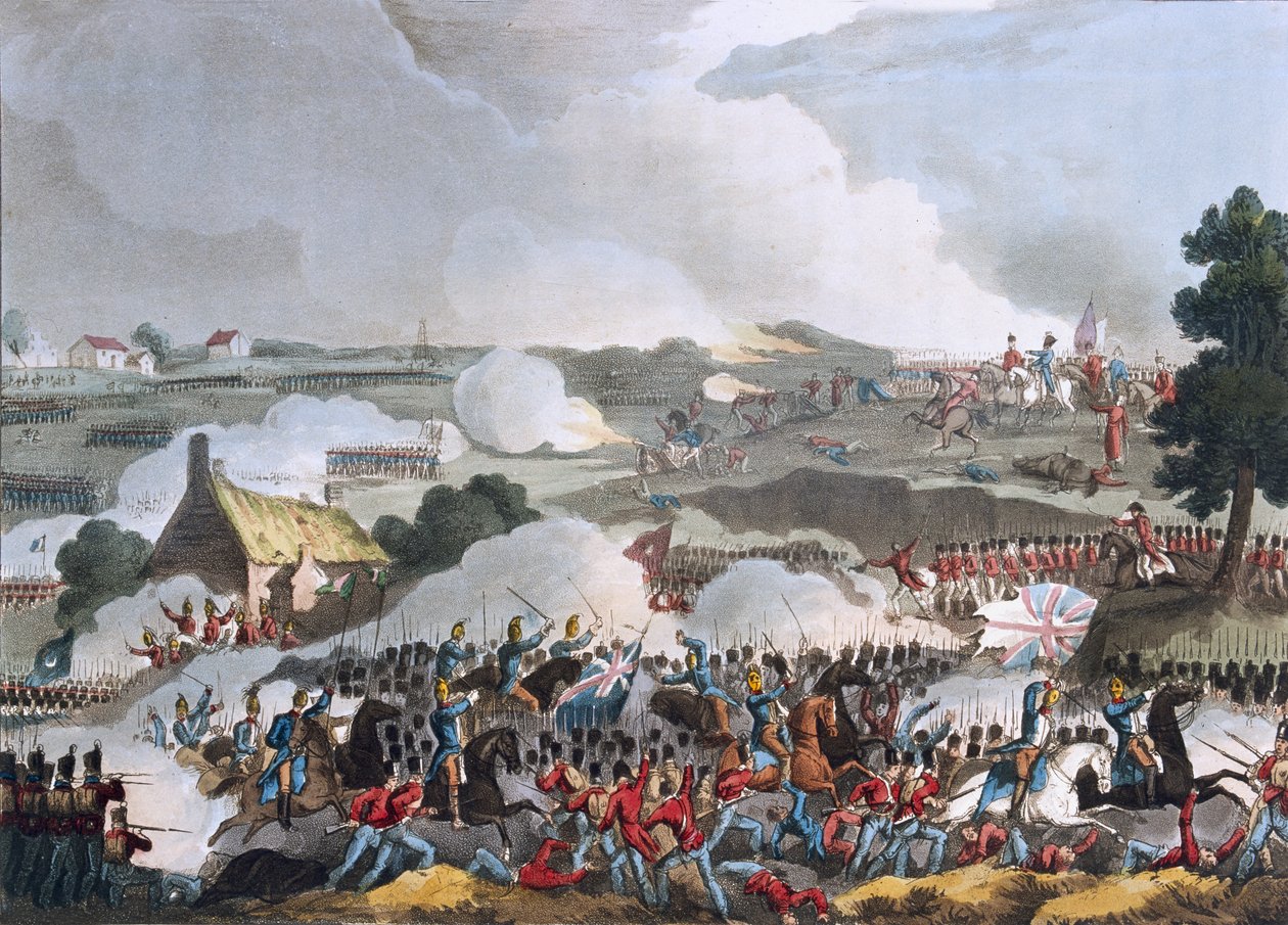 Das Zentrum der britischen Armee in Aktion bei der Schlacht von Waterloo, 18. Juni 1815, Aquatinta von Sutherland, 1815 (kolorierte Aquatinta) von William Heath