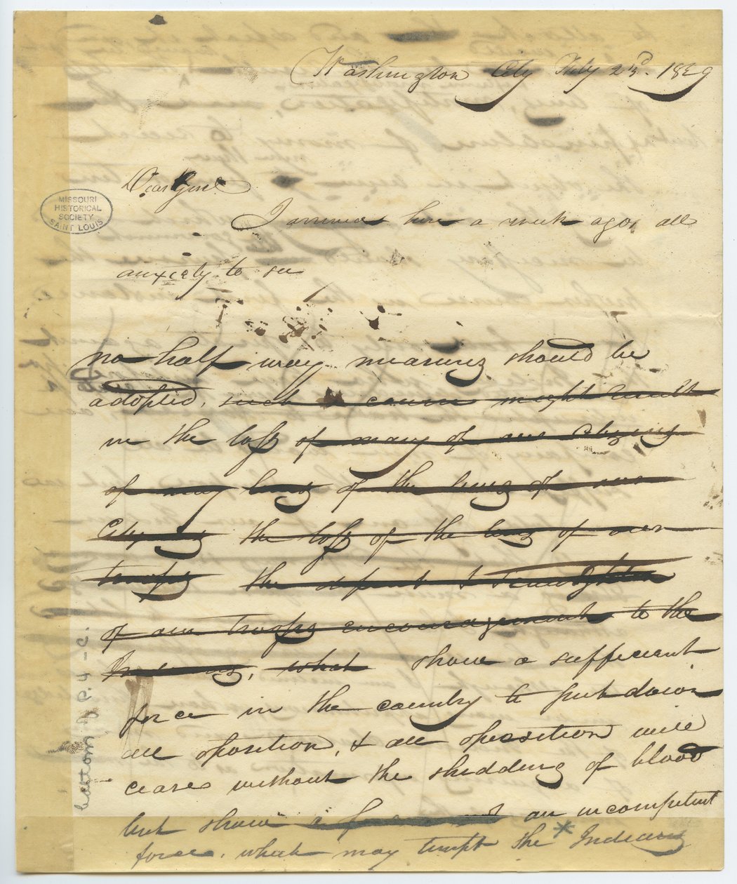 Entwurf eines Briefes von William H. Ashley, Washington, beginnt - „Lieber General, ich bin vor einer Woche hier angekommen . . .“ von William Henry Ashley