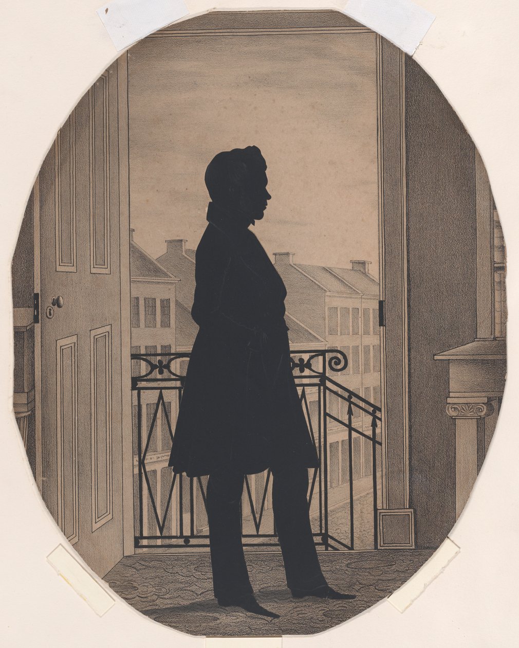 Silhouette eines jungen Mannes vor einem offenen Fenster, nach rechts blickend, vor 1860 von William Henry Brown