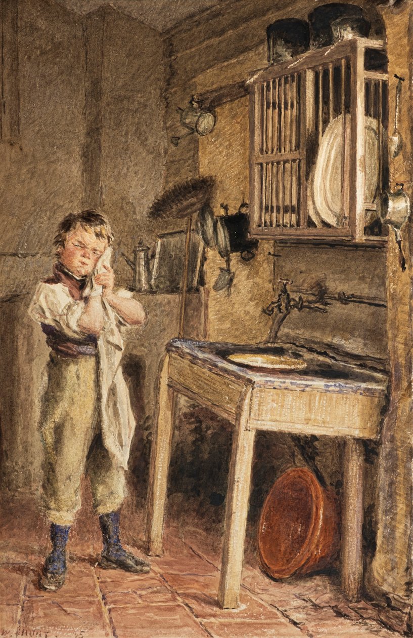 Ein junger Junge wäscht sich am Küchenspülbecken von William Henry Hunt