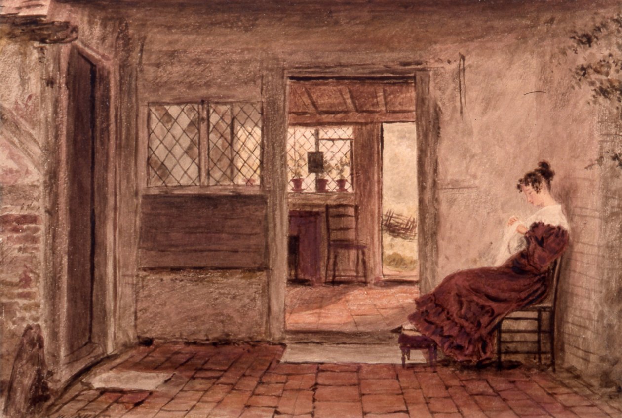 Häuscheninterieur mit nähendem Mädchen, ca. 1828 von William Henry Hunt