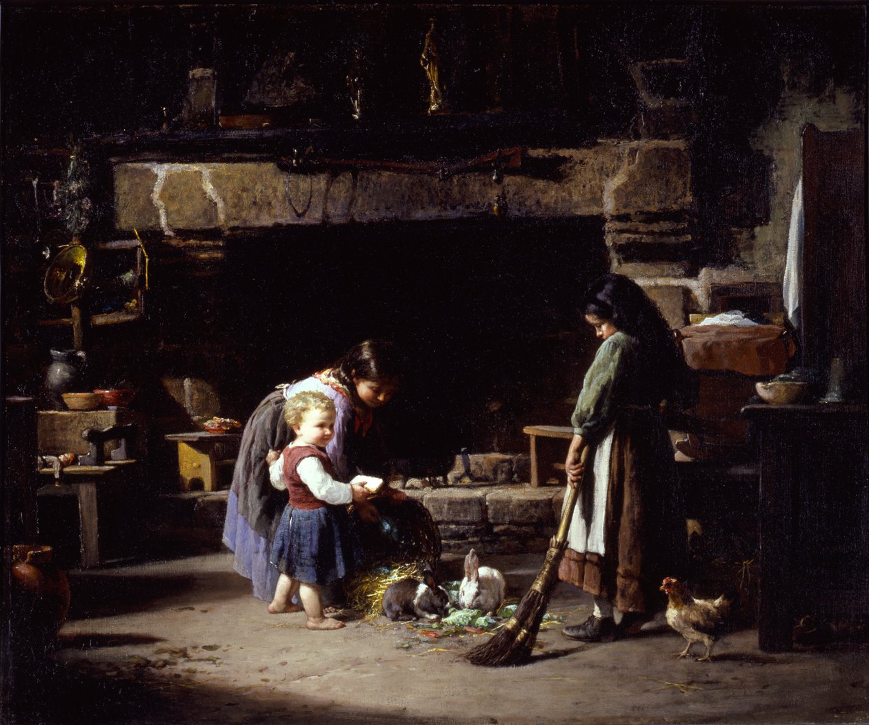 Bauernhof-Inneres: Bretonische Kinder füttern Kaninchen, 1878 von William Henry Lippincott