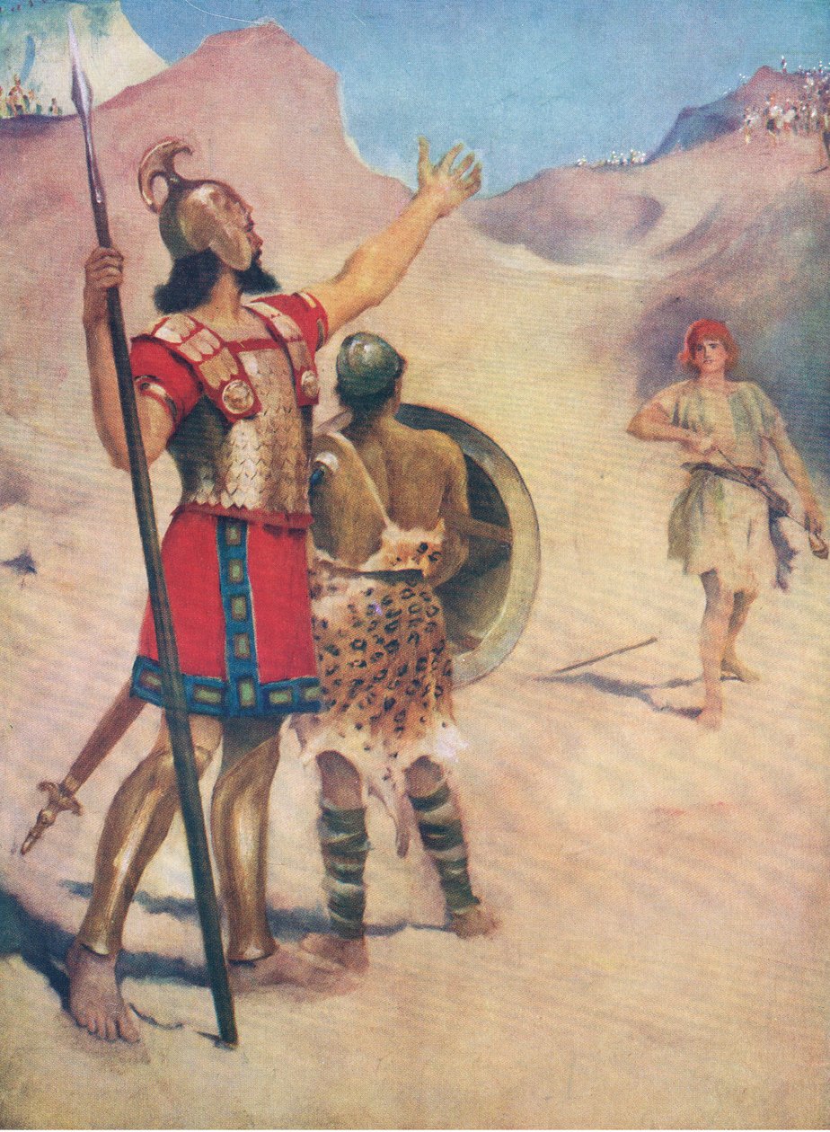 David und Goliath, aus Das Bibelbilderbuch, veröffentlicht von Thomas Nelson, ca. 1950 von William Henry Margetson
