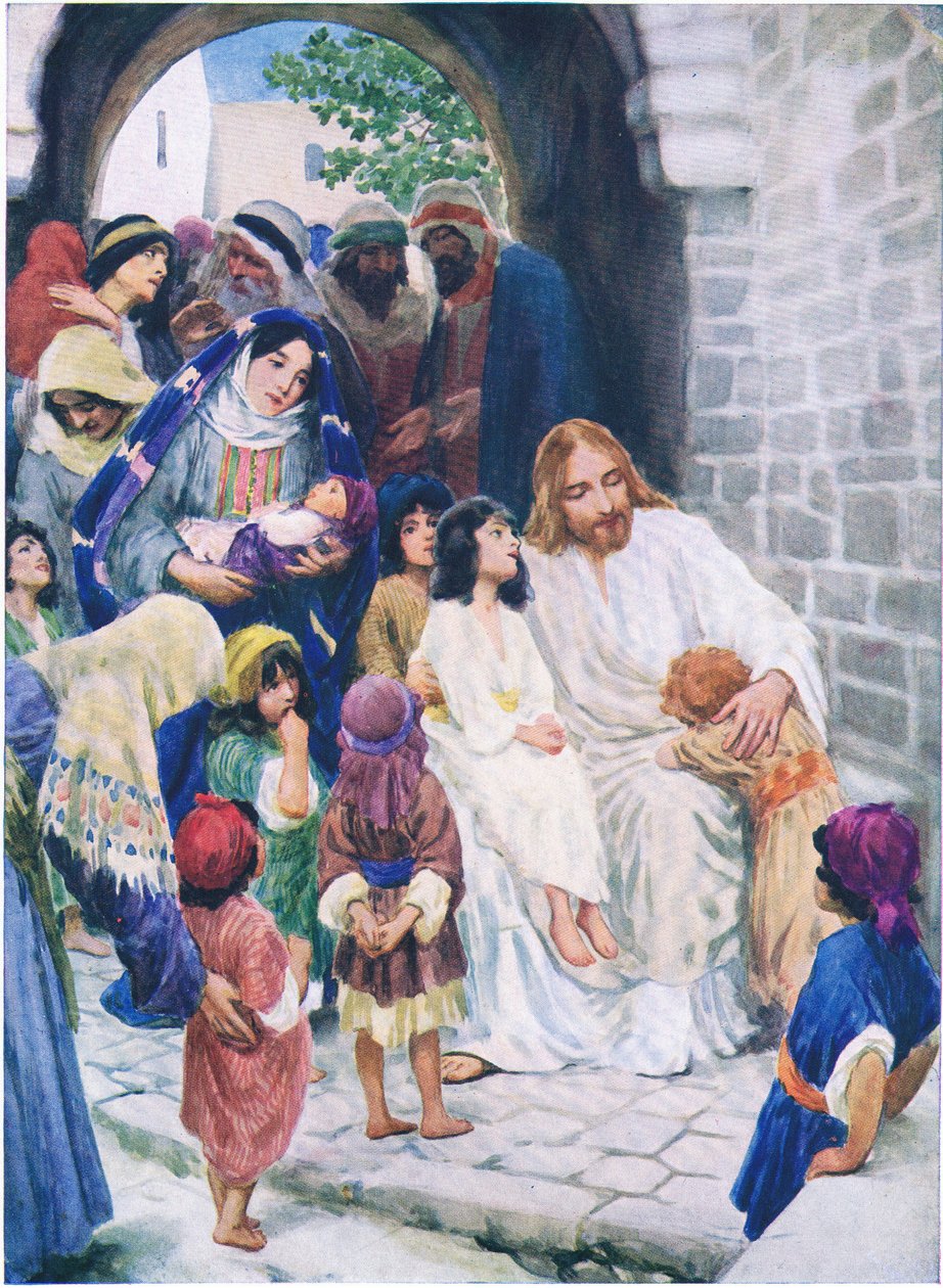 Jesus und die Kinder, aus Das Bibelbilderbuch, veröffentlicht von Thomas Nelson, ca. 1950 von William Henry Margetson