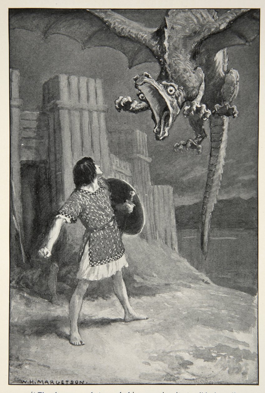 Der Drache sank auf ihn zu, öffnete seine schrecklichen Kiefer, aus 