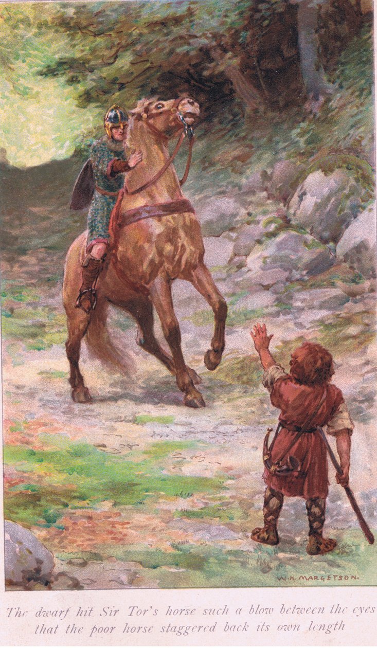 Der Zwerg schlug Sir Tors Pferd so heftig zwischen die Augen, dass das arme Pferd um seine eigene Länge zurücktaumelte von William Henry Margetson