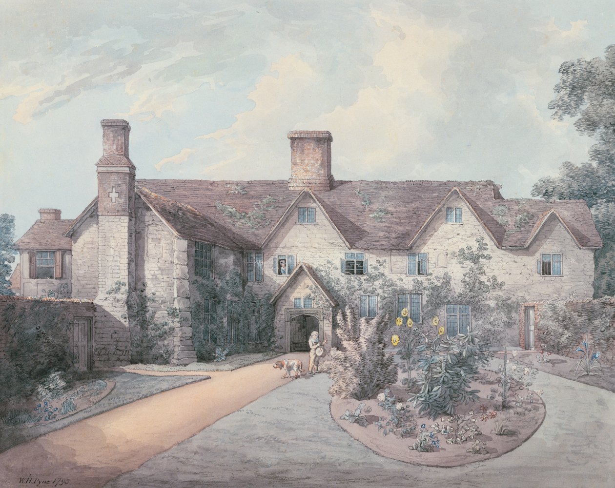 Ein Junge spielt Trommel im Garten eines Landhauses, 1793 von William Henry Pyne