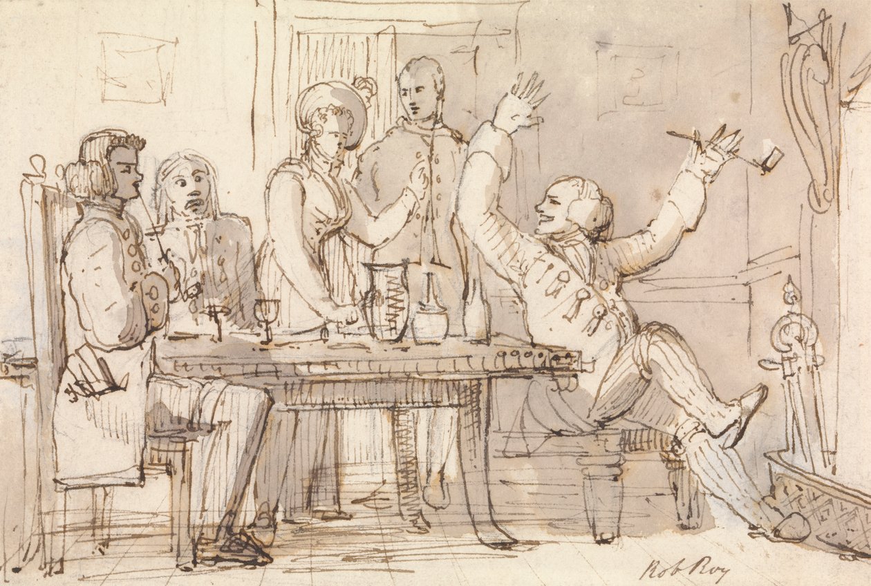 Eine Illustration zu Rob Roy: Innenraum mit einer trinkenden Gesellschaft von William Henry Pyne