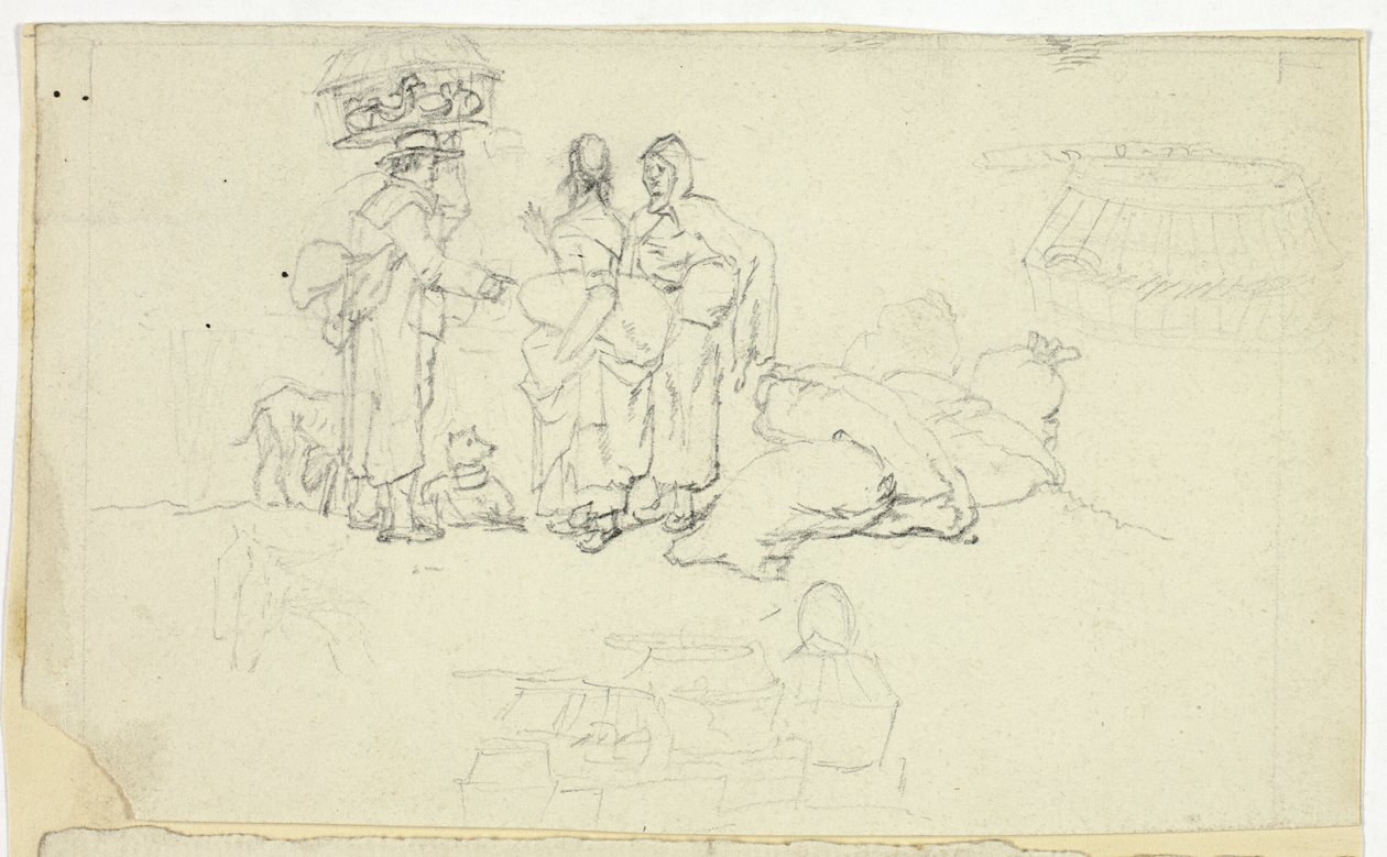 Figuren mit Marktgütern und drei Skizzen von William Henry Pyne