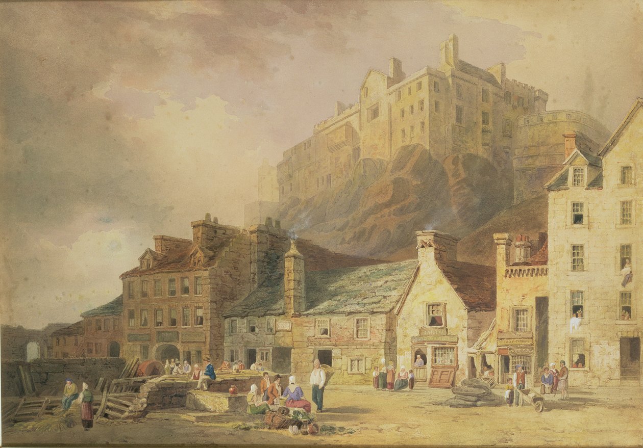Edinburgh Castle vom Grass Market, zeigt das Little West Port, ca. 1820 von William Henry Stothard