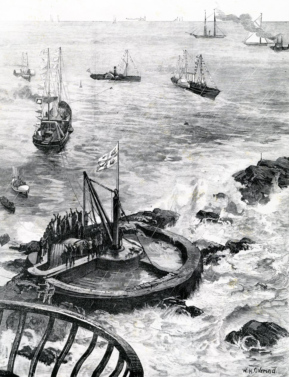 Der Prinz von Wales und der Herzog von Edinburgh legen den Grundstein des neuen Eddystone-Leuchtturms, Illustration aus 