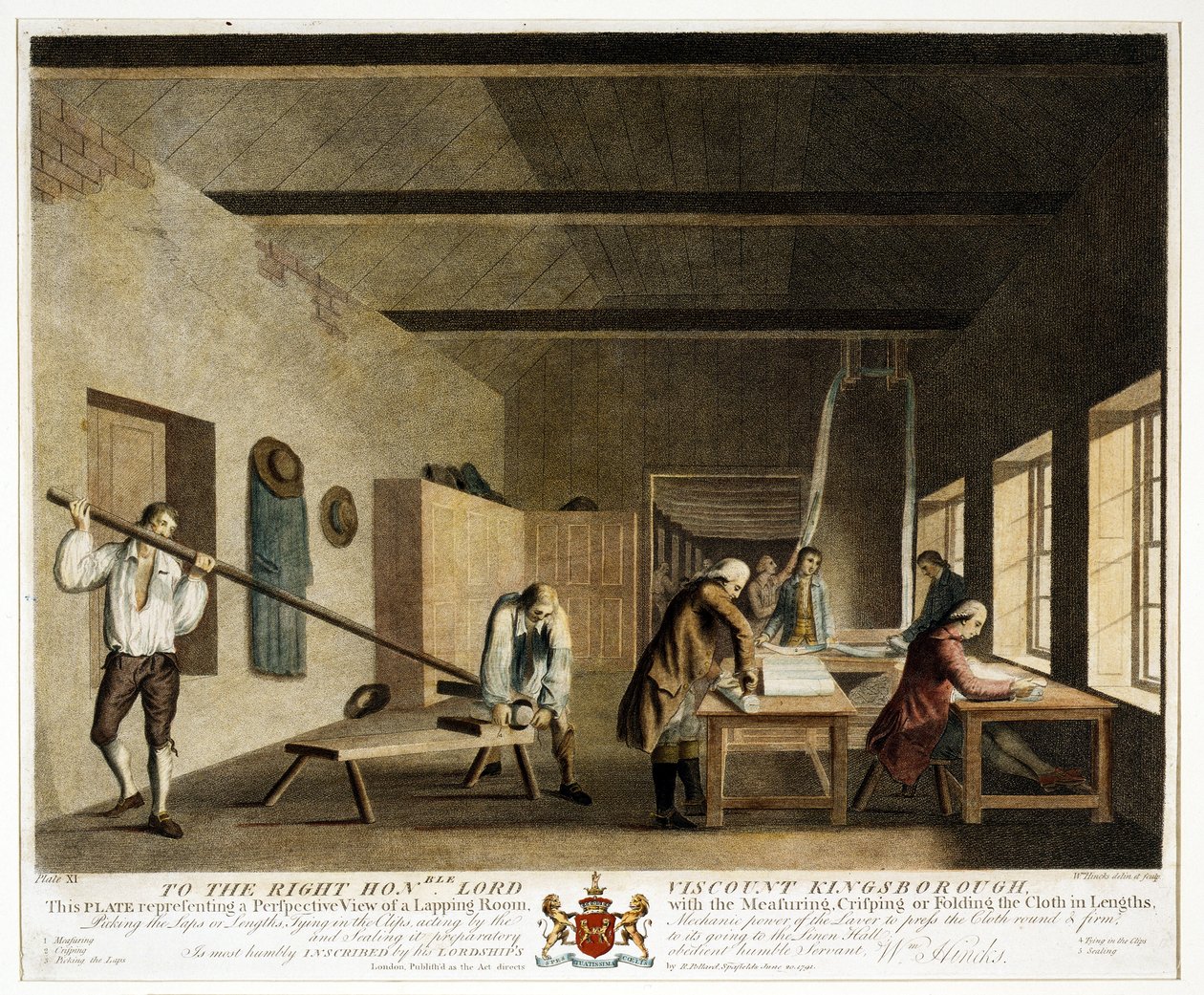 Dem ehrenwerten Lord Viscount Kingsborough... diese Platte, die eine perspektivische Ansicht eines Lappenzimmers darstellt, mit dem Messen, Kräuseln oder Falten des Stoffes in Längen, Platte XI, Die Leinenmanufaktur von William Hincks