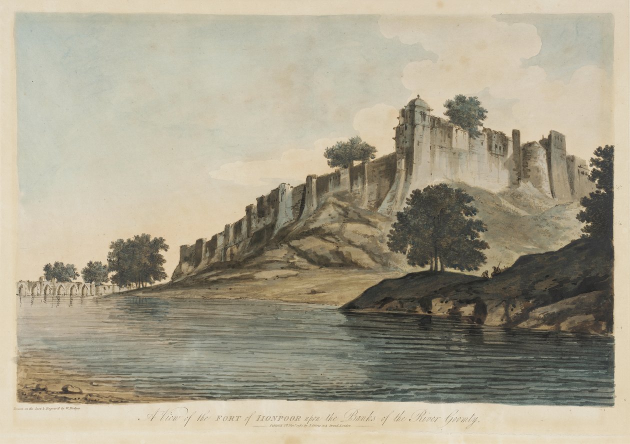 Ansicht des Forts von Iionpoor [Fort von Firuz Shah Tughluq, Jaunpur, Uttar Pradesh, 1360] am Ufer des Flusses Goomty [Gumti] aus Ausgewählte Ansichten in Indien von William Hodges