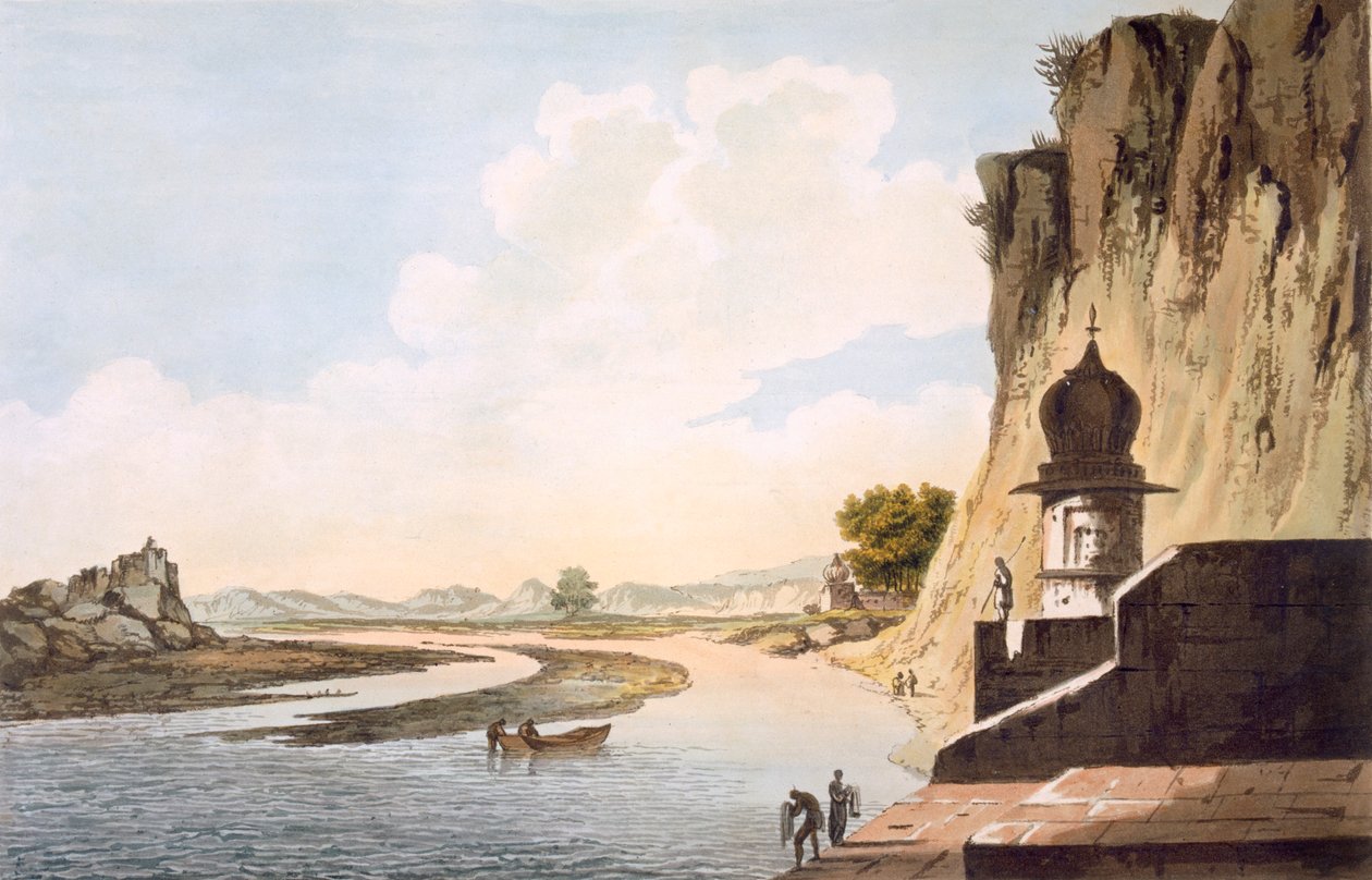 Ein Blick auf den Gaut in Etawa, am Ufer des Flusses Jumna, veröffentlicht 1785-88 von William Hodges