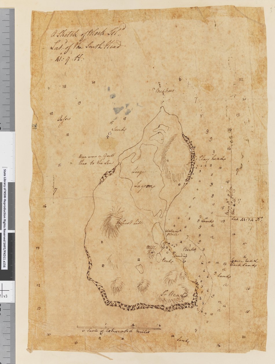 Seite 37a Eine Skizze von Block Island, Breite des Südlichen Kopfes 41: 9 N von William Hodges