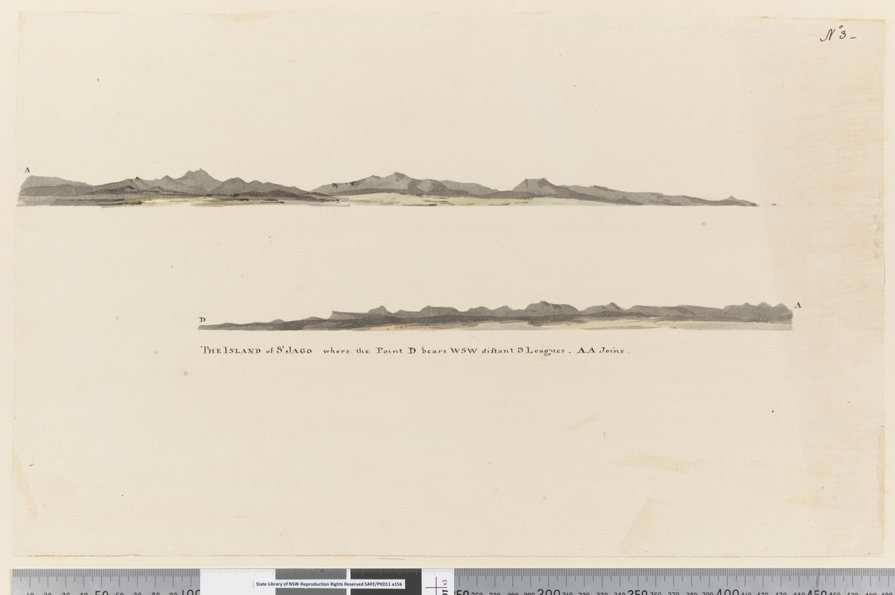 Seite 3 Profil der Insel St. Jago, Kapverdische Inseln. Betitelt Die Insel St. Jago, wo der Punkt D WSW 3 Meilen entfernt liegt von William Hodges