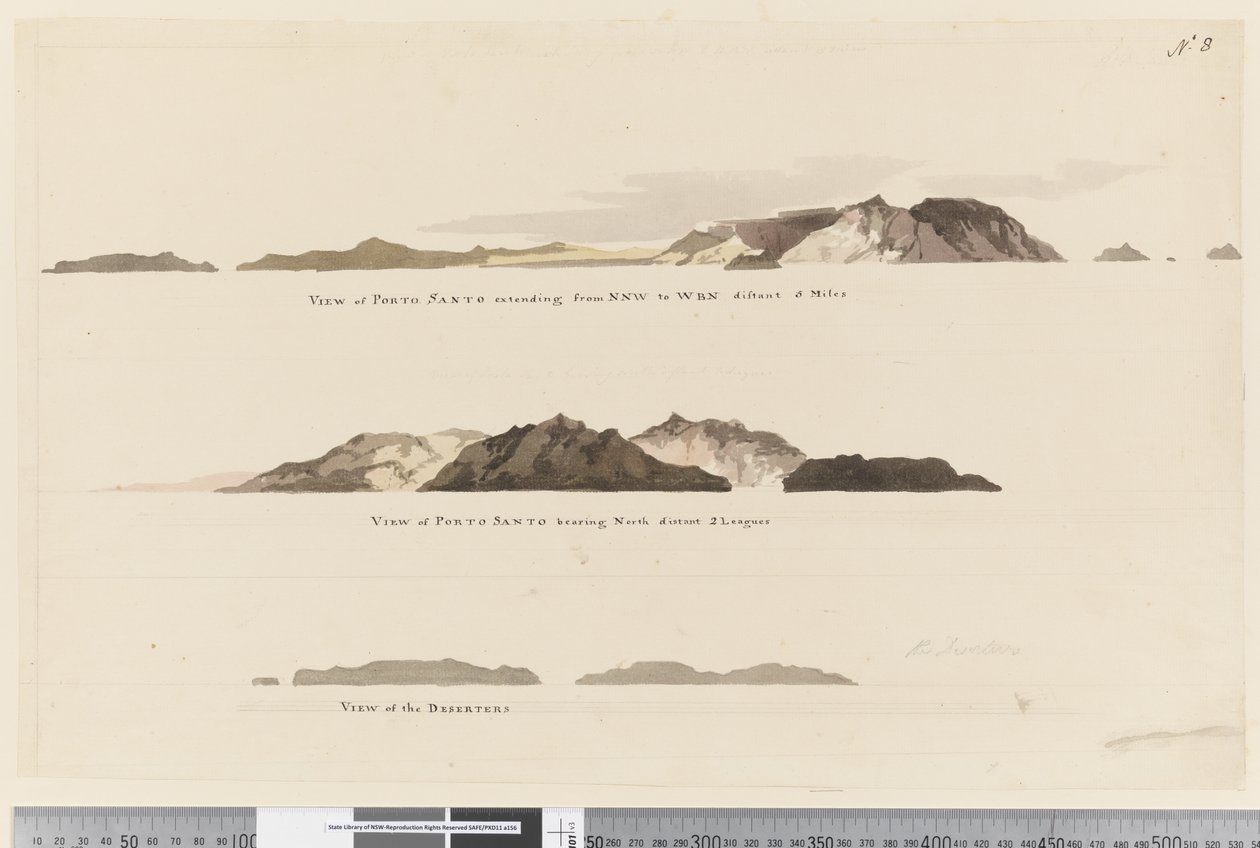 Seite 8 (a) Blick auf Porto Santo von NNW bis WBN in 5 Meilen Entfernung (b) Blick auf Porto Santo nach Norden in 2 Seemeilen Entfernung und (c) Blick auf die Deserteure von William Hodges