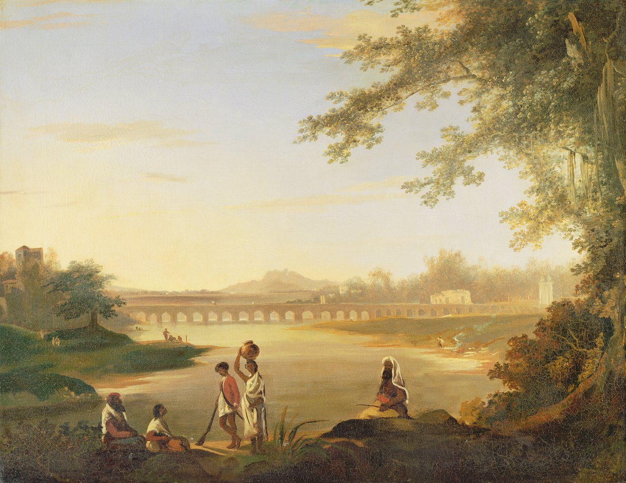 Die Marmalong-Brücke, mit einem Sepoy und Einheimischen im Vordergrund, ca. 1783 von William Hodges
