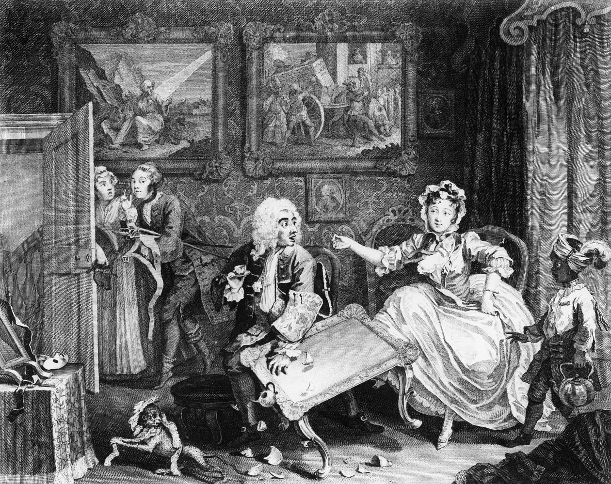 Der Fortschritt einer Dirne, Platte II, Streit mit ihrem jüdischen Beschützer von William Hogarth