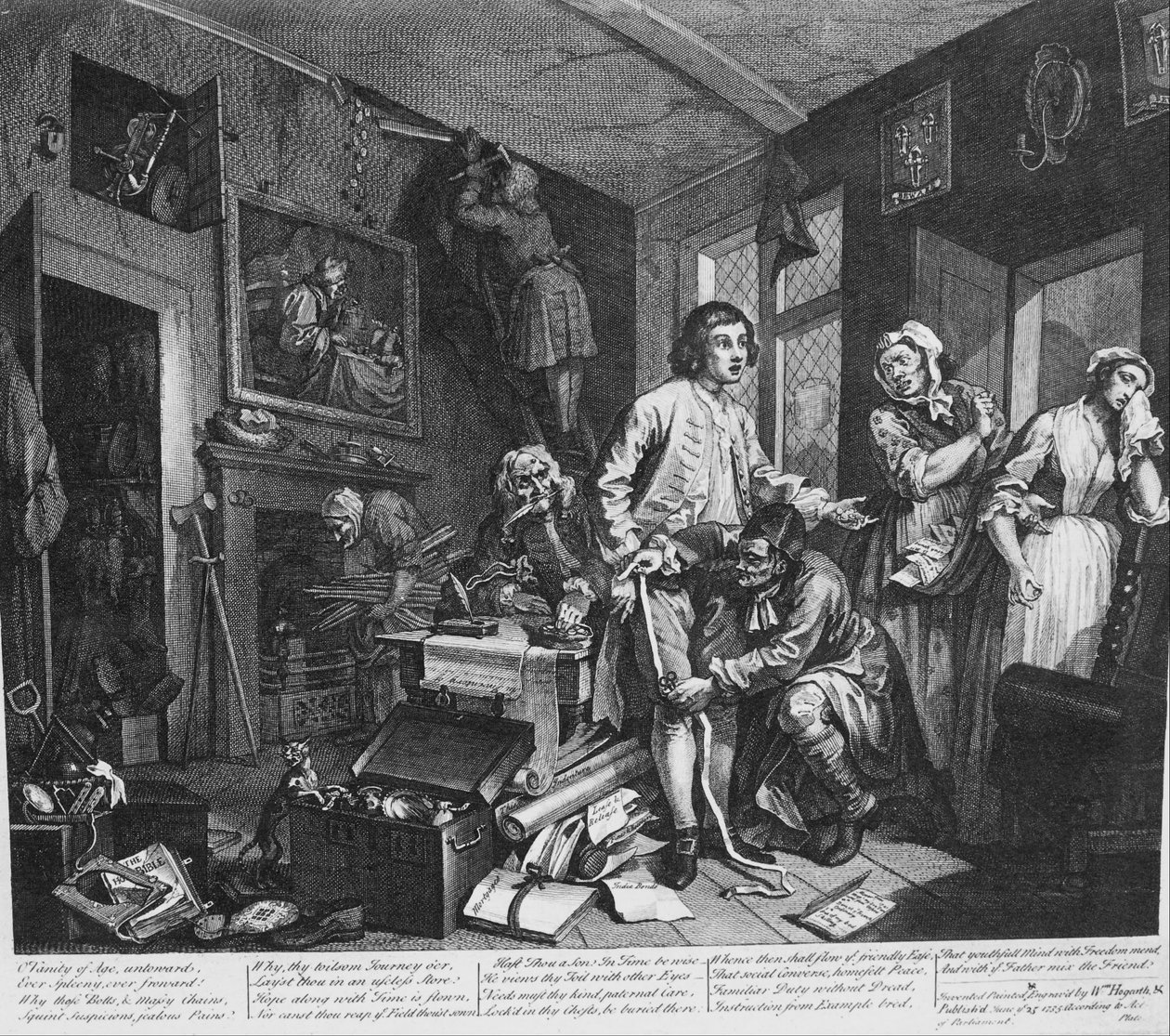 Der Lebensweg eines Wüstlings, Platte 1, Der junge Erbe übernimmt den Besitz des Geizhalses von William Hogarth