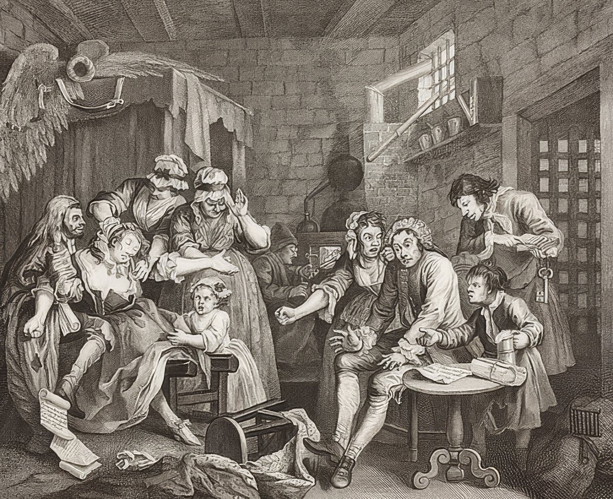 Der Weg eines Liederlichen, Blatt 7: Tom Rakewell im Schuldgefängnis von William Hogarth