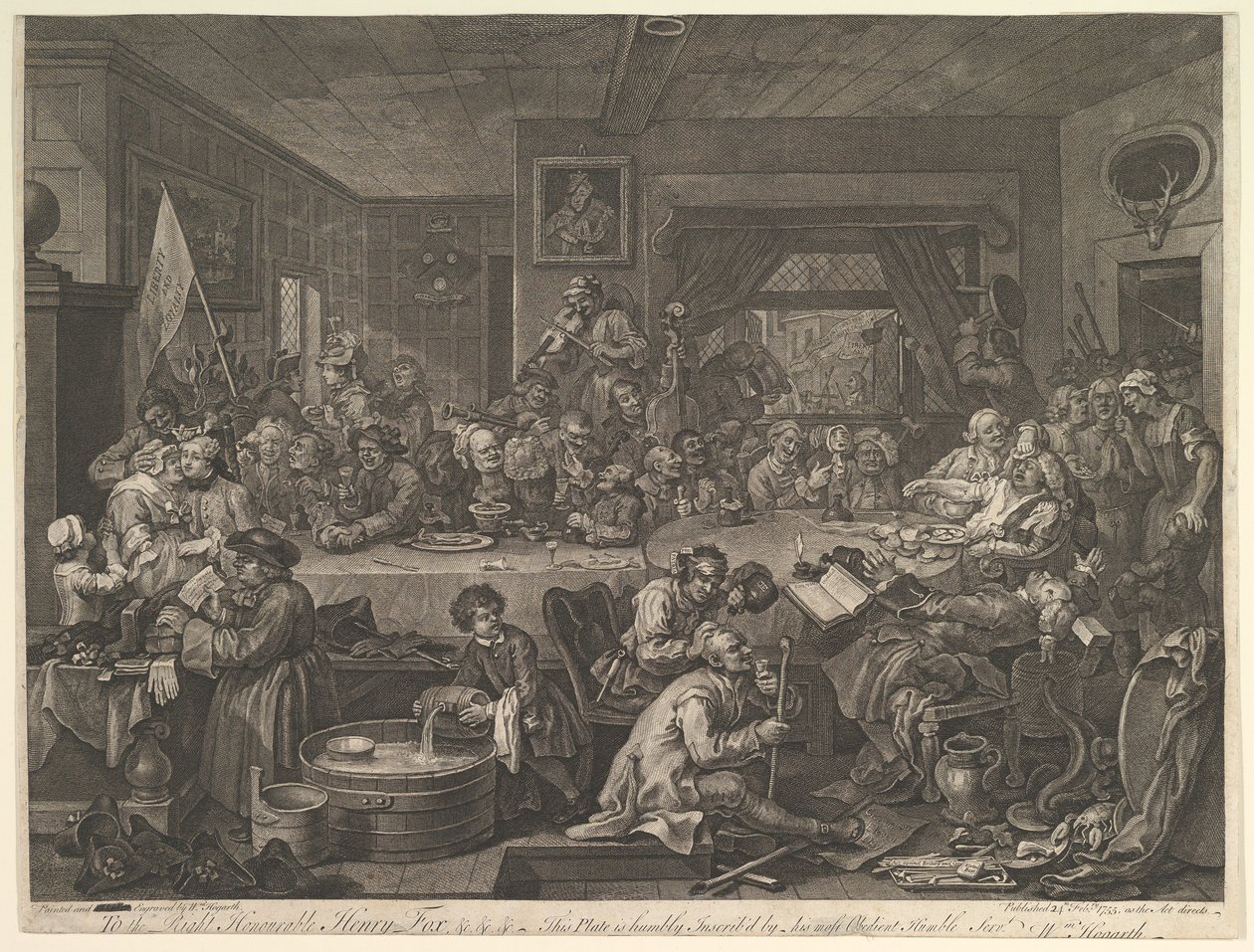 Ein Wahlbankett, Tafel I: Vier Drucke einer Wahl, 24. Februar 1755 von William Hogarth
