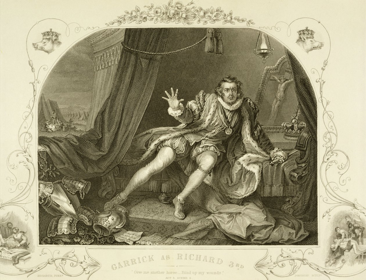 David Garrick als Richard III, Akt V Szene 3, im Stück von William Shakespeare, graviert von Portbury von William Hogarth